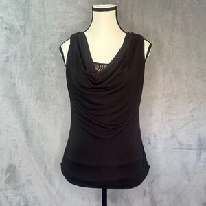 VTG Cache Black Top Layered Cowl Neck‎ Flattering Ruched Sides Sz XS Y2K